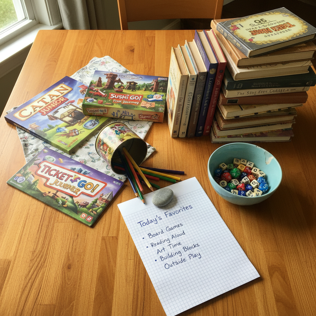 A candid tabletop snapshot of a homeschool “favorite things” day: a patchwork of board games spread out across a honey-colored wooden table, a stack of well-loved read-aloud novels with creased spines, a tin of colored pencils spilled in a small cascade of bright color, and a handwritten list titled “Today’s Favorites” on lined notebook paper. A small, slightly chipped ceramic bowl holds math dice and letter tiles. Gentle midday window light creates soft, natural illumination and mild shadows, adding warmth to the wood and paper textures. Photographic realism from an overhead, flat-lay perspective provides sharp detail across the frame, conveying a cheerful, relaxed, family-centered mood that values play as learning.