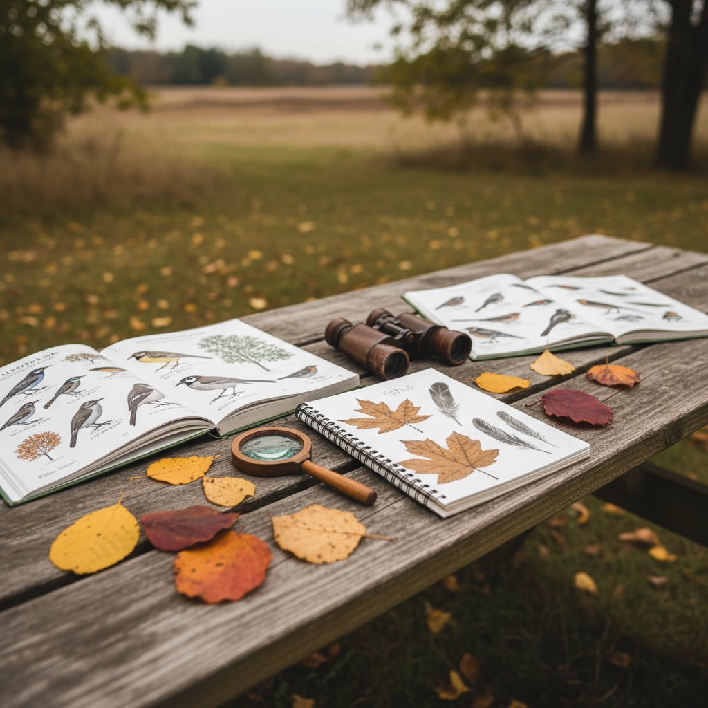 A nature-focused homeschool scene on a rustic picnic table outdoors, covered with open field guides to birds and trees, a pair of slightly scuffed binoculars, a small wooden magnifying glass, and a nature journal open to a page of careful leaf rubbings and sketched feathers. Scattered autumn leaves in varying shades of gold, russet, and deep red frame the materials. Soft, overcast daylight bathes the scene, creating even, diffused lighting with almost no harsh shadows, enhancing the textures of paper, wood, and leaves. Photographic realism at a slightly overhead angle with subtle background bokeh of blurred trees conveys a peaceful, exploratory mood that honors curiosity and slow, observational learning.