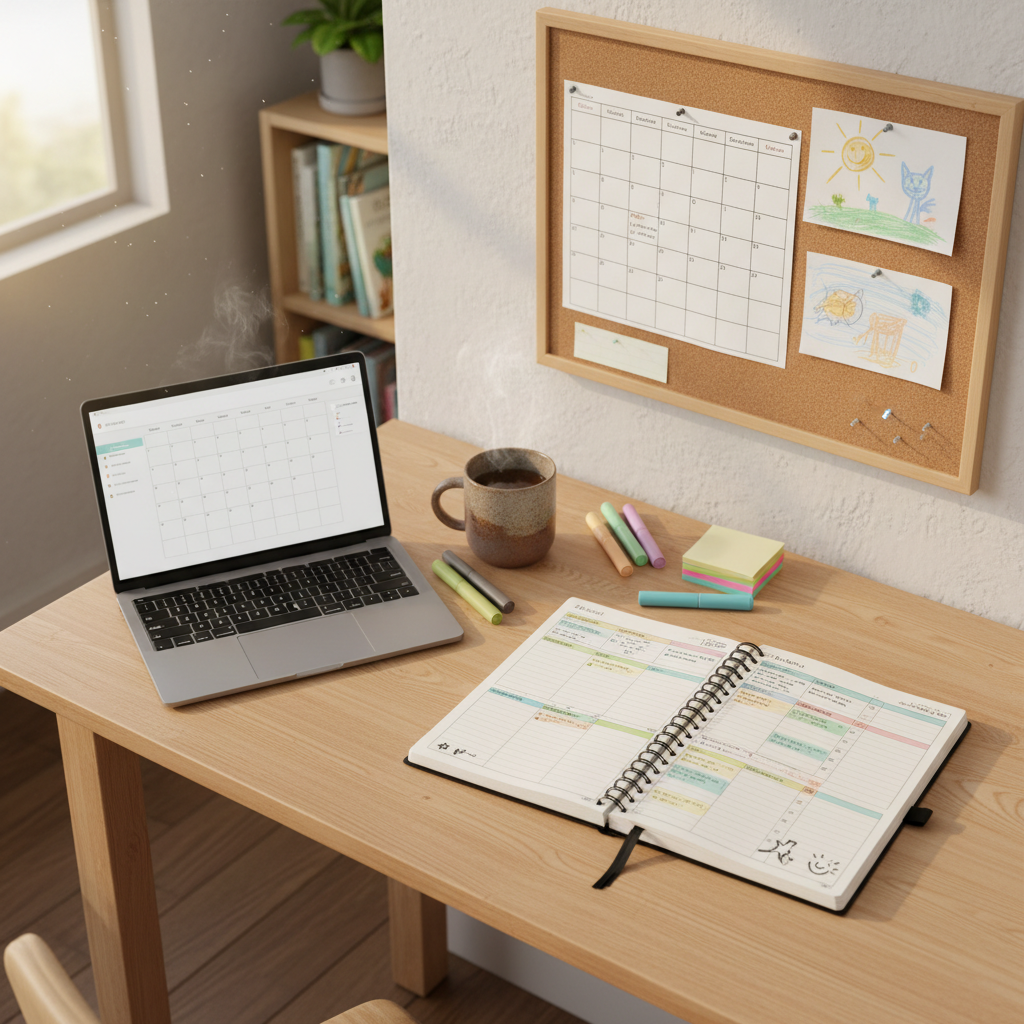An organized yet cozy homeschool planning corner featuring an open bullet journal on a natural pine desk, pages filled with neatly color-coded weekly lesson plans and doodled margin notes. Beside it, a laptop displays a simple digital planner, flanked by a steaming stoneware mug of tea and a small stack of highlighters and sticky notes. A corkboard on the wall is covered with a printed yearly calendar, a few children’s drawings, and pinned curriculum ideas. Soft morning light filters through a nearby window, casting diffused, gentle shadows and giving the scene a hopeful, reflective mood. Captured in photographic realism from a slightly elevated angle, with clean, modern composition and subtle background blur to emphasize focus and intention.