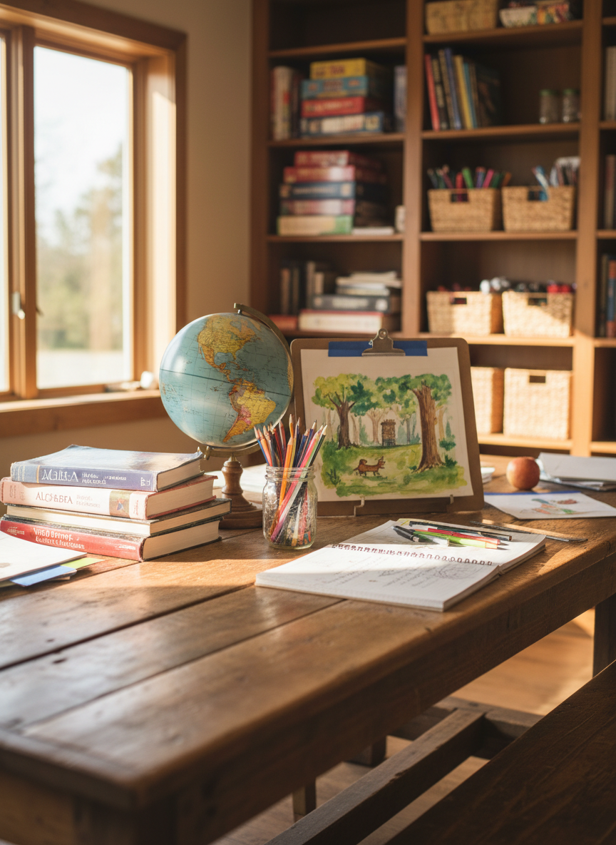 A large farmhouse-style wooden table covered with an inviting homeschool spread: well-worn math and history books stacked beside a spiral notebook filled with handwritten notes, a colorful globe tilted toward North America, sharpened pencils in a mason jar, and a half-finished watercolor painting taped to a clipboard. Sunlight from a nearby window streams across the table, creating warm highlights on the wood grain and soft shadows behind each object. In the softly blurred background, built-in shelves overflow with board games and baskets of supplies. Photographic realism at eye level with a gentle, shallow depth of field creates a calm, lived-in, and welcoming atmosphere that feels like the heart of a homeschooling home.
