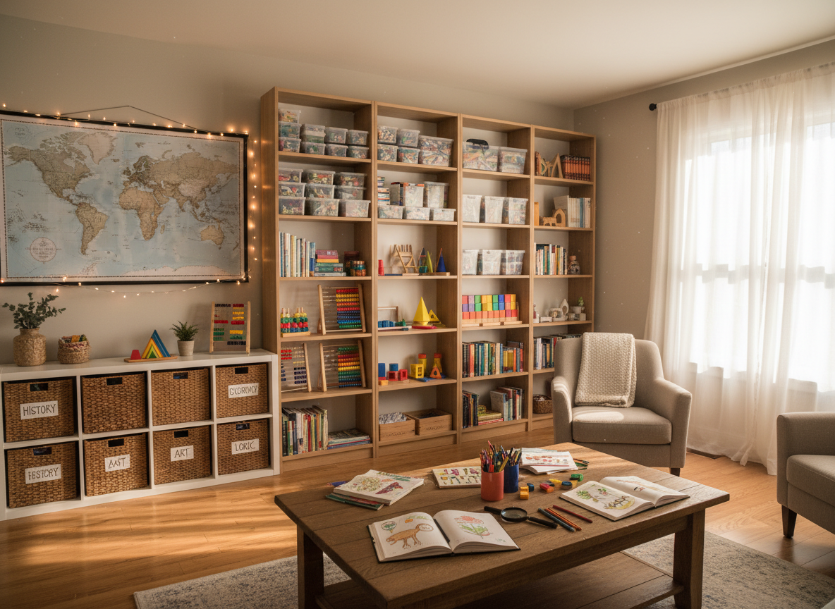 A wide shot of a living-room-turned-learning-space, where low open shelving holds baskets labeled with subjects, a shelf-lined wall displays carefully arranged science kits, chapter books, and math manipulatives, and a sturdy coffee table is spread with nature journals and colored pencils. A large world map hangs above the shelves, slightly curled at the edges, with a string of small, warm fairy lights draped around it. Afternoon sunlight pours in through sheer curtains, creating a golden, cozy glow and soft, elongated shadows. The composition uses the rule of thirds and photographic realism, with sharp focus throughout to highlight both order and creativity. The mood is relaxed, flexible, and family-centered, perfectly capturing everyday homeschool life.