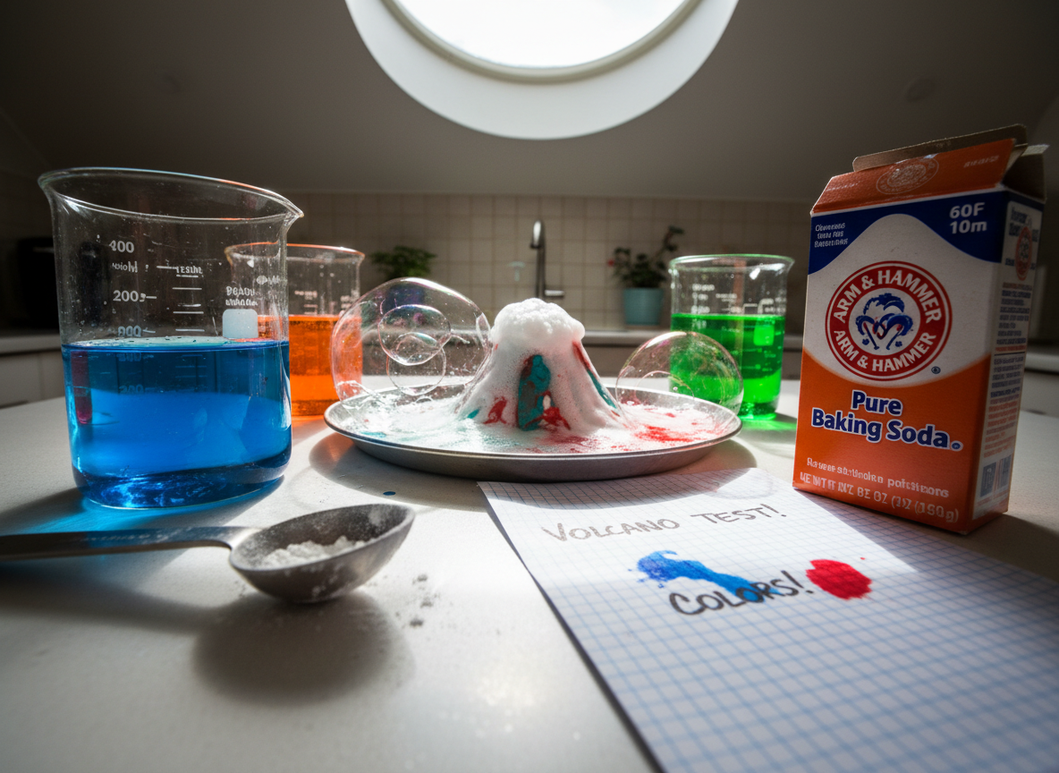 A close-up of a messy but joyful homeschool science experiment in progress on a white kitchen countertop: clear glass beakers filled with vividly colored liquids, a baking soda volcano mid-eruption, bubbles frothing over a metal tray, and handwritten lab notes on graph paper nearby, smudged with a few drops of dye. A well-used measuring spoon and open box of baking soda sit in the foreground. Bright natural light from an overhead skylight reflects off the glass, creating crisp highlights and energetic shadows. Photographic realism with a dynamic, slightly low angle and shallow depth of field emphasizes the fizzing reaction, giving the scene an adventurous, experimental mood that celebrates trial, error, wins, and fails.
