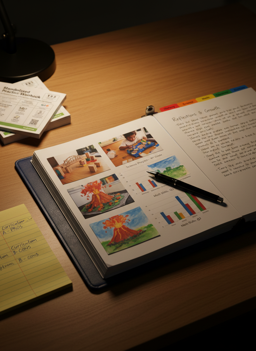 A reflective homeschool record-keeping scene, featuring a thick three-ring binder open to a neatly organized portfolio page with printed photos of projects, charted progress, and thoughtful written reflections. Color-coded divider tabs peek out along the edge. Nearby, a small stack of standardized test prep booklets and a legal pad with pros-and-cons notes about curriculum choices hint at an educator’s analytical mindset. A simple black ink pen rests diagonally across the page. Soft desk-lamp lighting casts a warm pool of light on the binder, fading into darker shadows at the edges of the frame. Photographic realism from a slightly angled, close-up perspective creates an intimate, contemplative mood, reflecting the perspective of a seasoned educator turned homeschool parent.