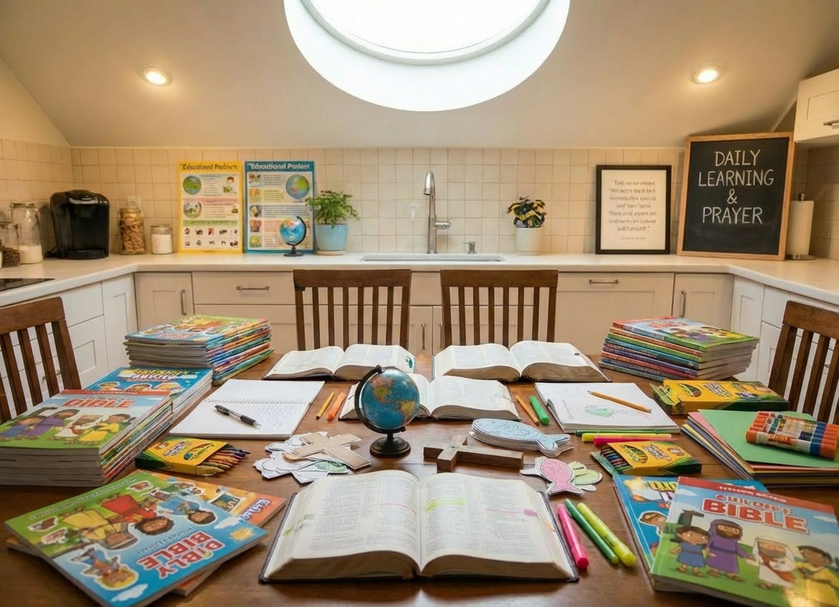 Homeschooling religious education session at home Family studying Bibles and religious materials around a table with a Daily Learning & Prayer chalkboard.